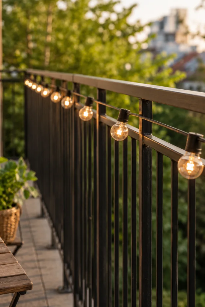 Balkondeko mit Licht: Warmweiße Lichterkette am Geländer eines modernen Balkons.