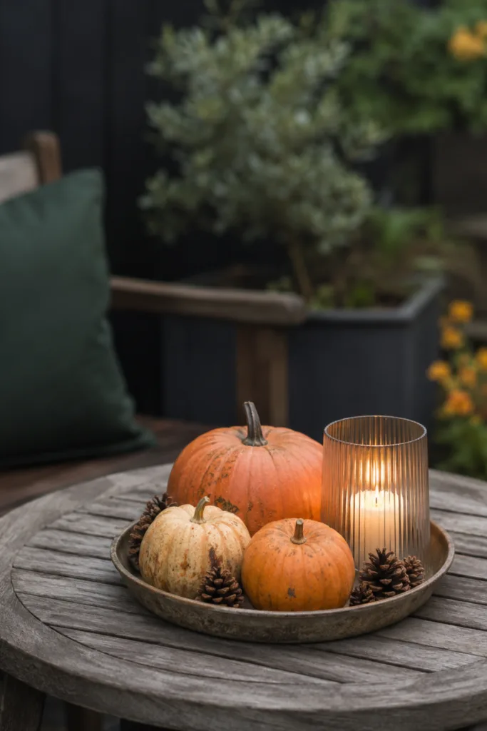 Herbstdeko für einen kleinen Garten mit Kürbissen, Zapfen und Kerzenlicht auf dem Gartentisch.