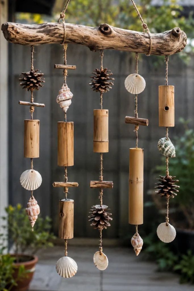5 Bastelideen mit Kindern für einen fröhlichen und persönlichen Garten Gartendeko mit Kindern: selbst gebasteltes Windspiel aus Holz, Bambus, Zapfen und Muscheln.