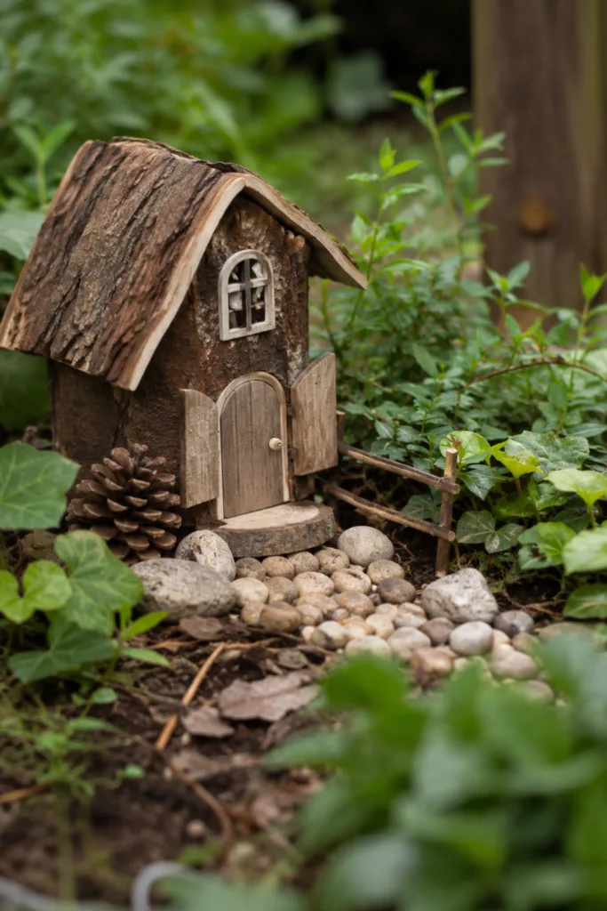 5 Bastelideen mit Kindern für einen fröhlichen und persönlichen Garten Selbst gebasteltes Mini-Gartenhaus aus Holz und Rinde als Gartendeko mit Kindern.