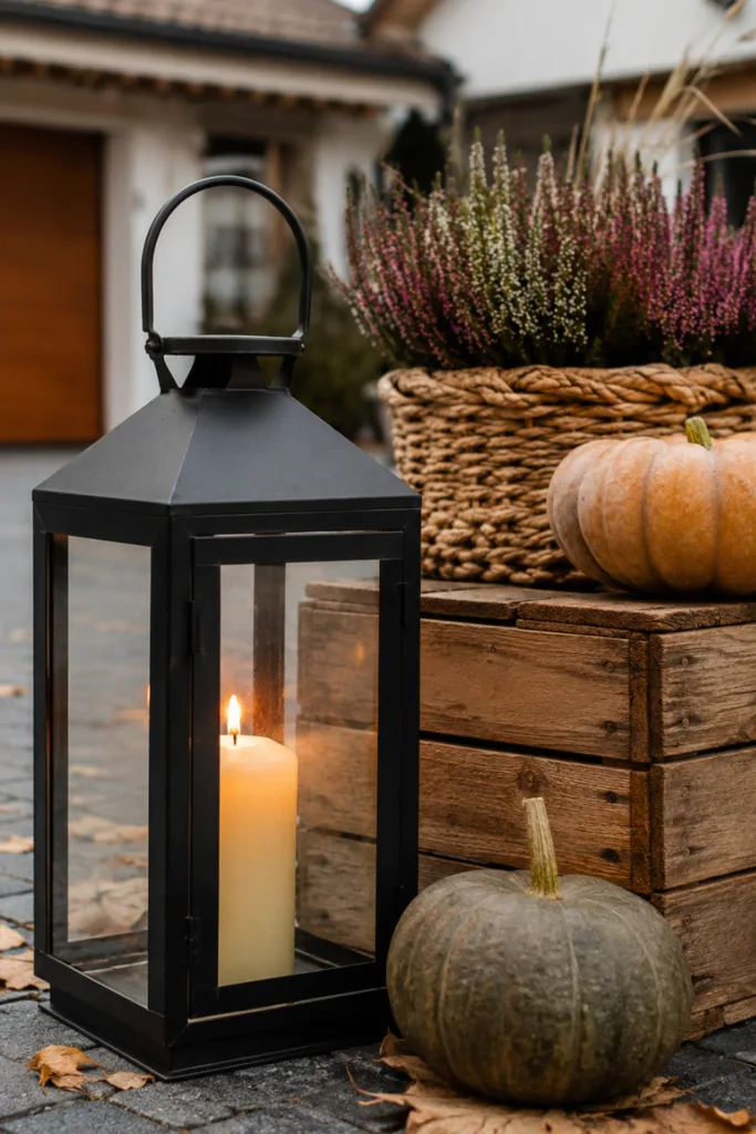 Herbstdeko für die Einfahrt mit Laterne, Holzkiste, Kürbissen und Heide.