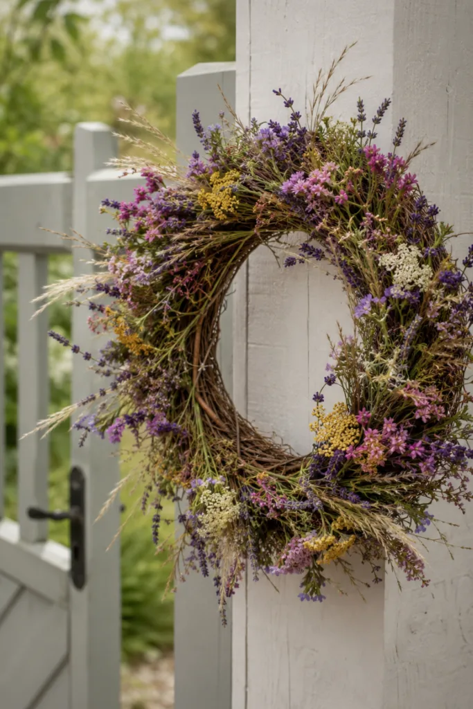 Gartentordeko im Juli mit sommerlichem Blumenkranz aus Lavendel und Gräsern am Holztor.