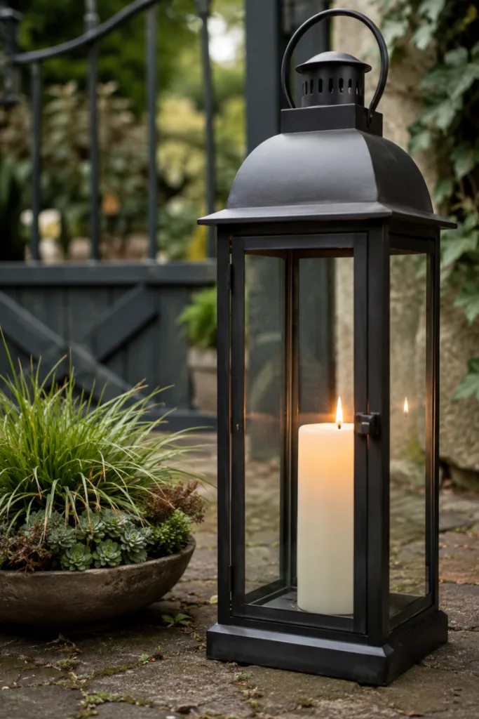 Gartentordeko im Juli mit schwarzer Laterne, LED-Kerze und sommerlicher Bepflanzung.