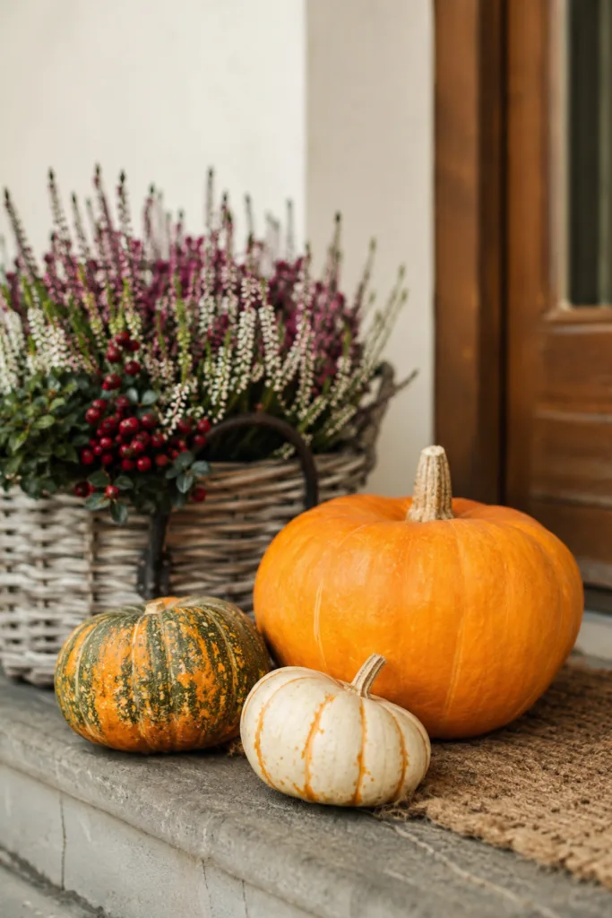 Herbstdeko für den Hauseingang mit Kürbissen, Heide und Korb auf einer Steinstufe.