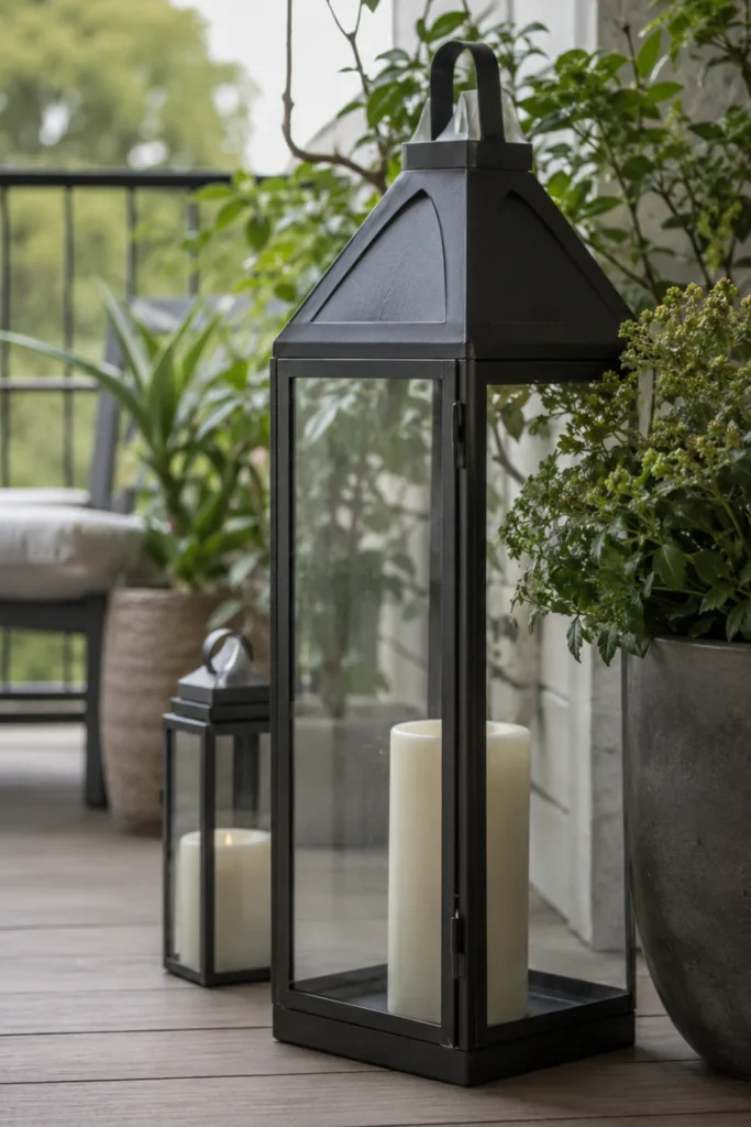 Balkondeko mit Licht: Große schwarze Laterne mit Kerze neben Pflanzen auf einem modernen Balkon.