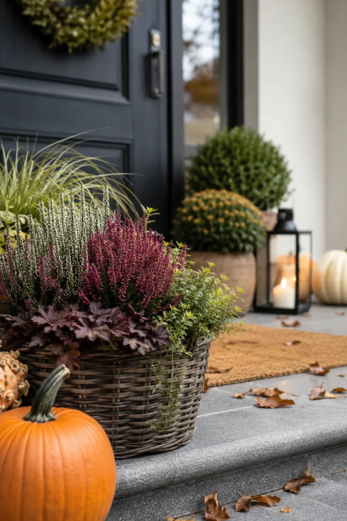 Herbstdeko für den Hauseingang mit Pflanzen, Kürbissen und freiem Treppenweg.