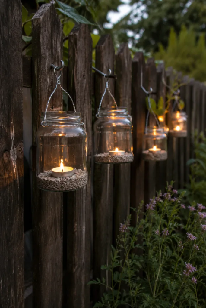 Diese 5 Ideen machen aus alten Marmeladengläsern hochwertige Gartendeko Gartendeko mit alten Marmeladengläsern als leuchtende Windlichter am rustikalen Gartenzaun.