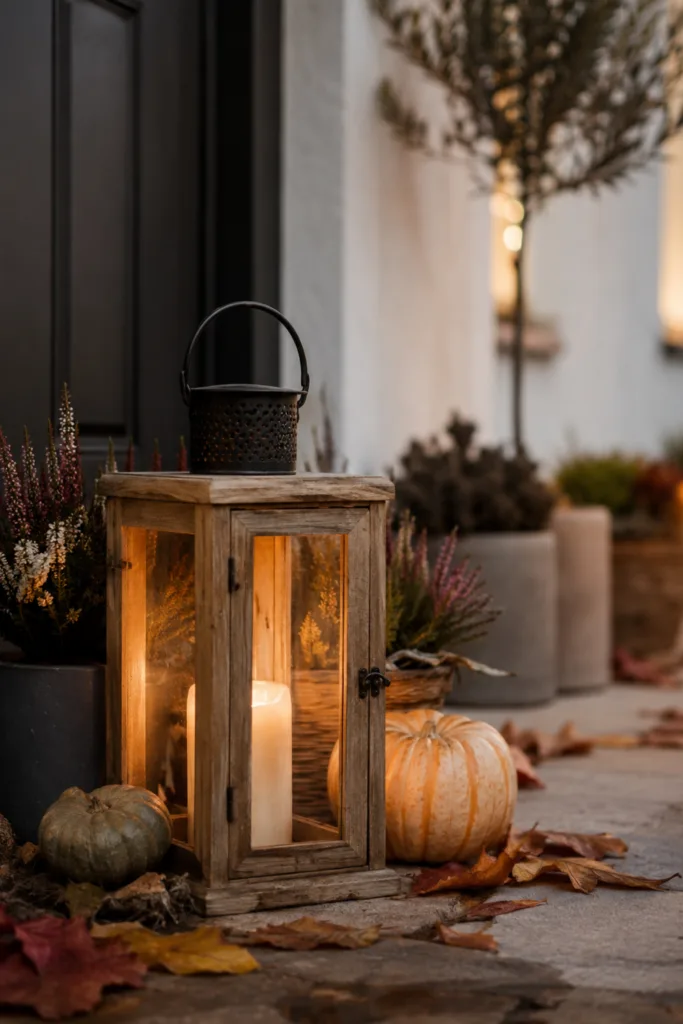 Herbstdeko für den Hauseingang mit Holzlaterne, Kürbissen, Heide und warmem Kerzenlicht.