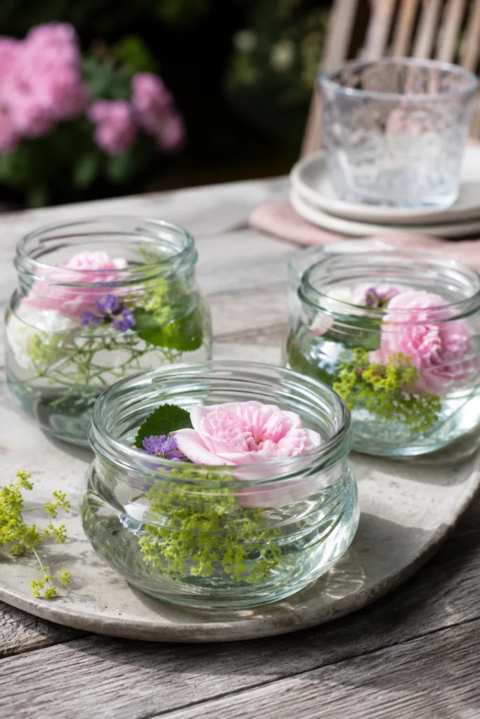 Diese 5 Ideen machen aus alten Marmeladengläsern hochwertige Gartendeko Gartendeko mit alten Marmeladengläsern, Wasser und schwimmenden rosa Blüten auf einem Gartentisch.