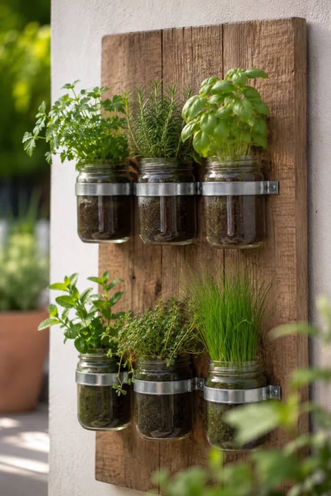 Diese 5 Ideen machen aus alten Marmeladengläsern hochwertige Gartendeko Gartendeko mit alten Marmeladengläsern als Kräuterwand aus Holz mit frischen Gartenkräutern.