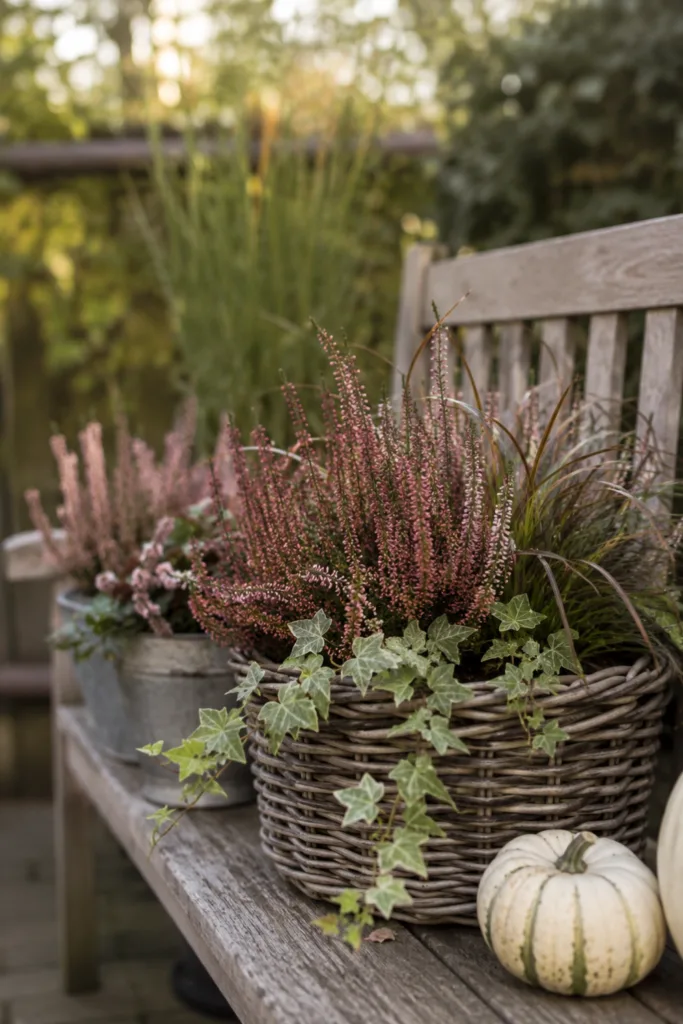 Herbstdeko für die Gartenbank mit Heide, Gräsern, Efeu und kleinem Kürbis.