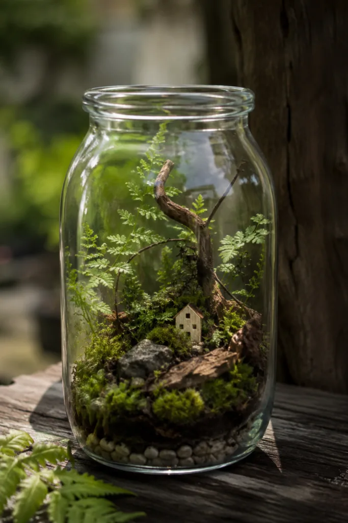 Diese 5 Ideen machen aus alten Marmeladengläsern hochwertige Gartendeko Gartendeko mit alten Marmeladengläsern als kleine Waldlandschaft mit Moos, Farn und Holzhaus.