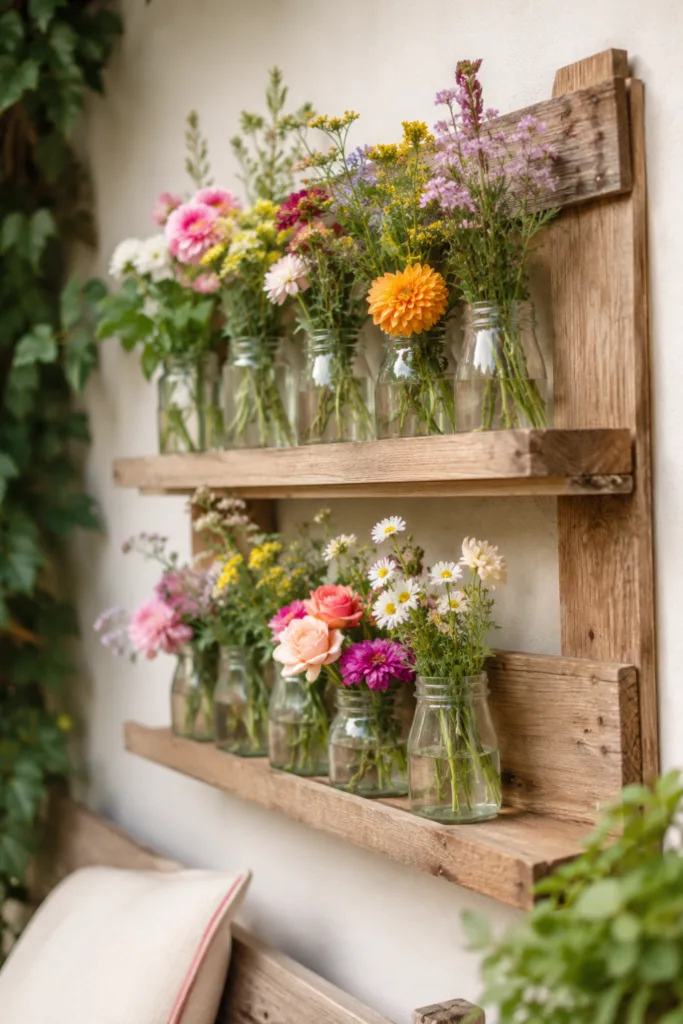 Diese 5 Ideen machen aus alten Marmeladengläsern hochwertige Gartendeko Gartendeko mit alten Marmeladengläsern als dekoratives Blütenregal an einer hellen Gartenwand.