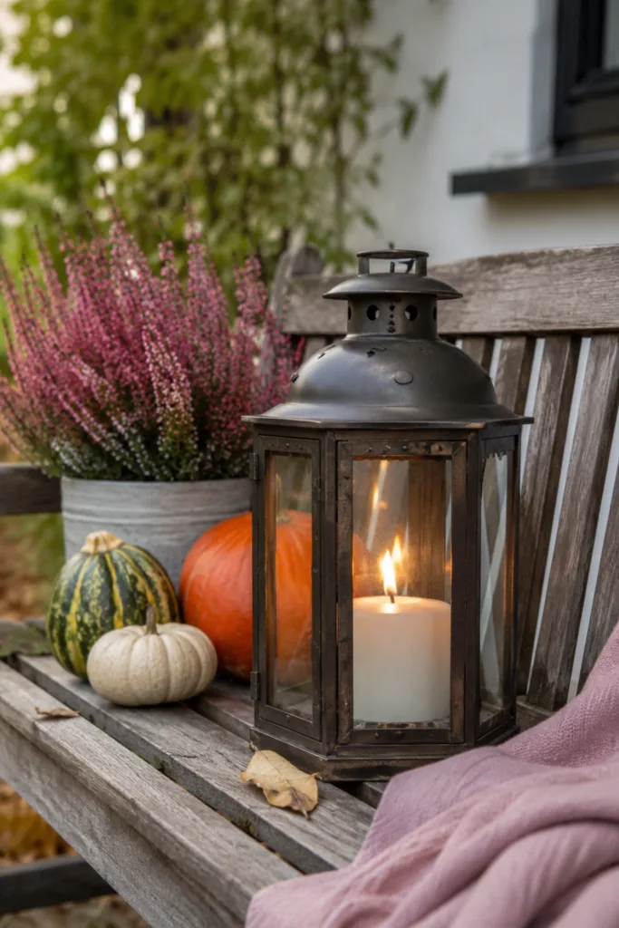 Herbstdeko für die Gartenbank mit Laterne, Heide und Kürbissen.