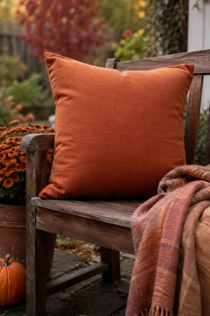 Herbstdeko für die Gartenbank mit terrakottafarbenem Kissen, Decke, Kürbis und Chrysanthemen.