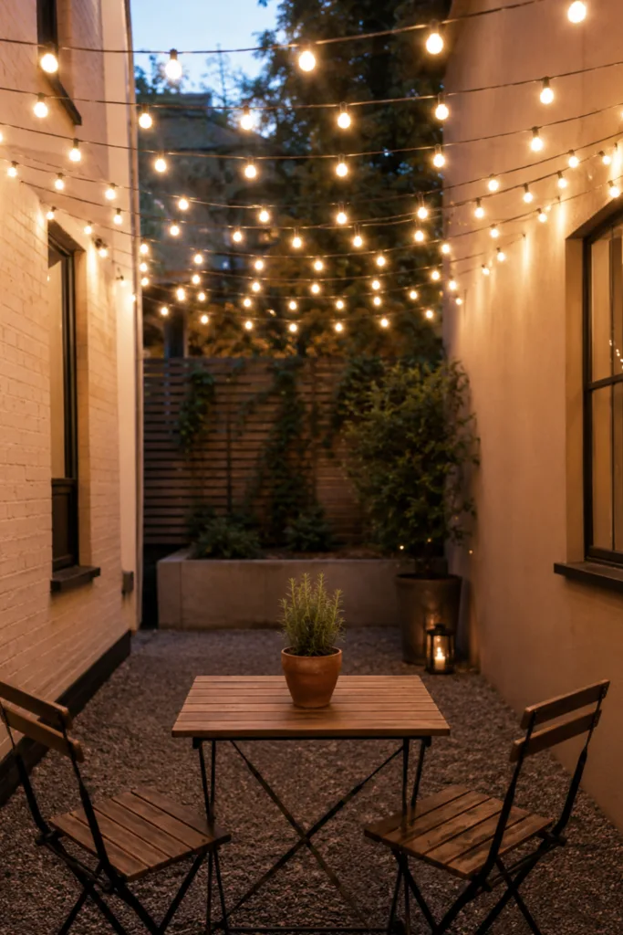 Hinterhofdeko – 5 Ideen für mehr Grün, Ordnung und Gemütlichkeit Warmer Lichterhimmel über einem kleinen Sitzplatz als stimmungsvolle Hinterhofdeko.