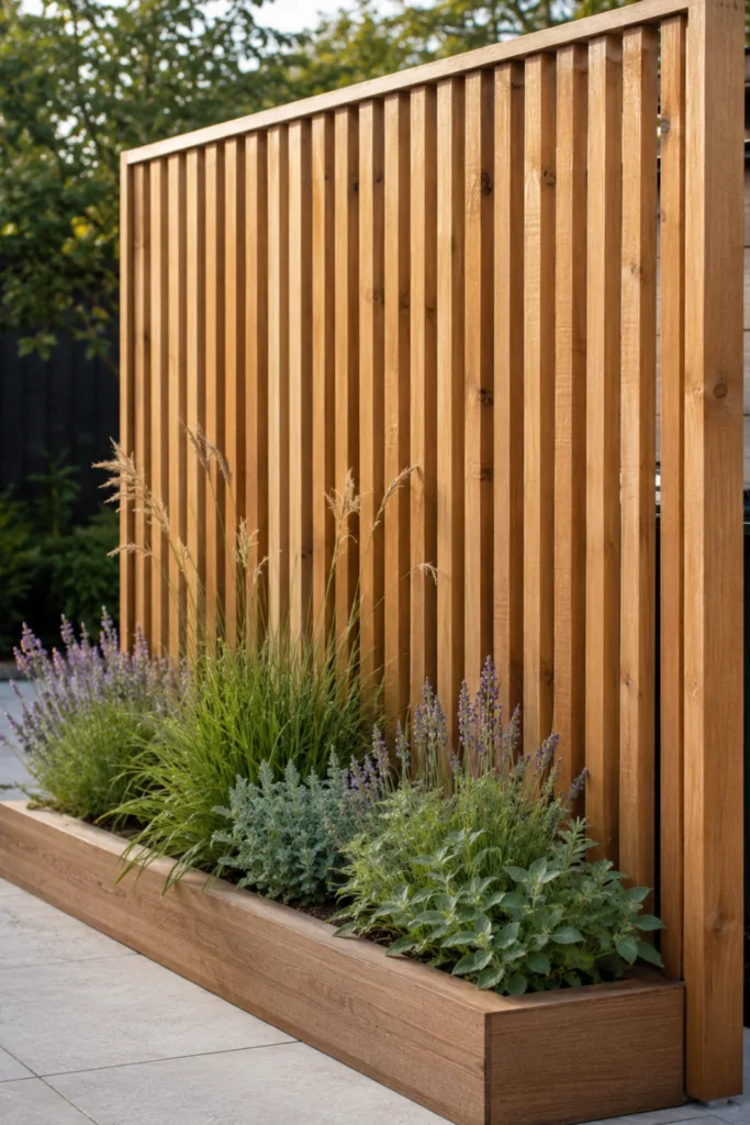 Hinterhofdeko – 5 Ideen für mehr Grün, Ordnung und Gemütlichkeit Hinterhofdeko mit bepflanzter Lamellenwand aus Holz, die Mülltonnen stilvoll verdeckt.