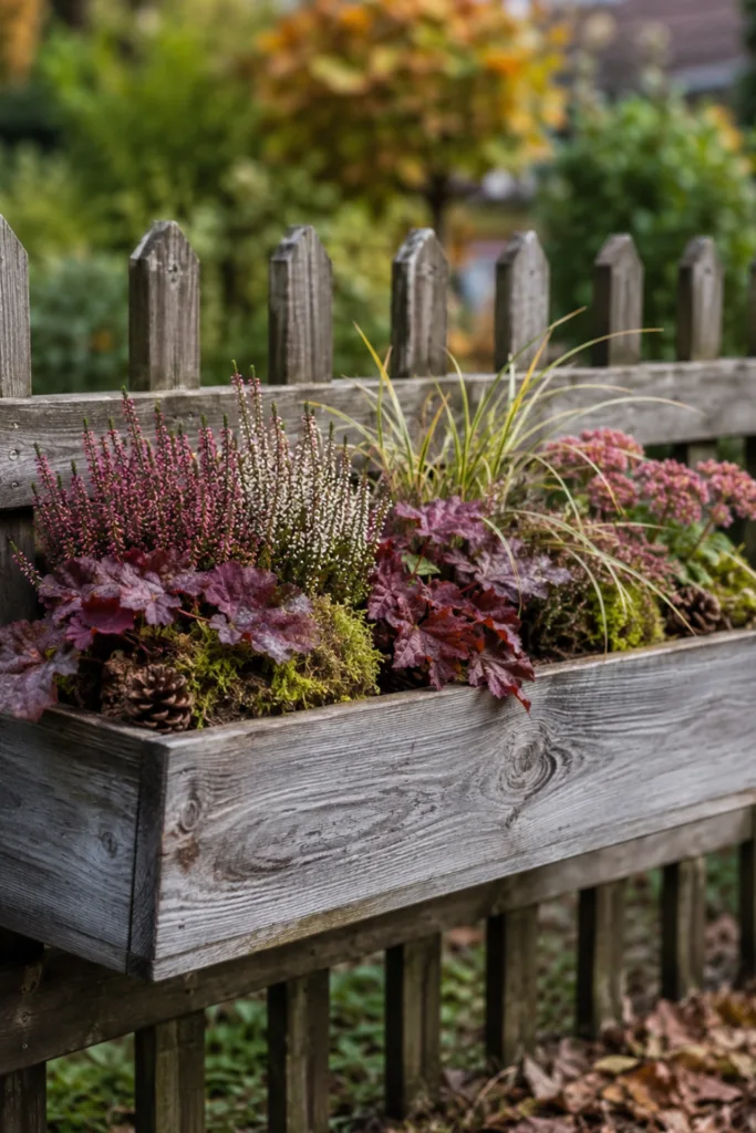 Herbstdeko für den Gartenzaun mit rustikalem Blumenkasten, Heide, Purpurglöckchen und Ziergras am Holzzaun.