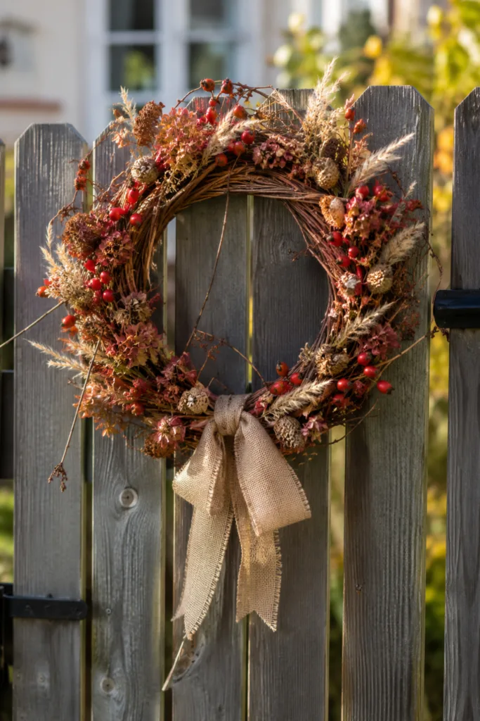 Herbstdeko für den Gartenzaun mit Kranz, Hagebutten, Trockenblumen und Gräsern am Holzzaun.