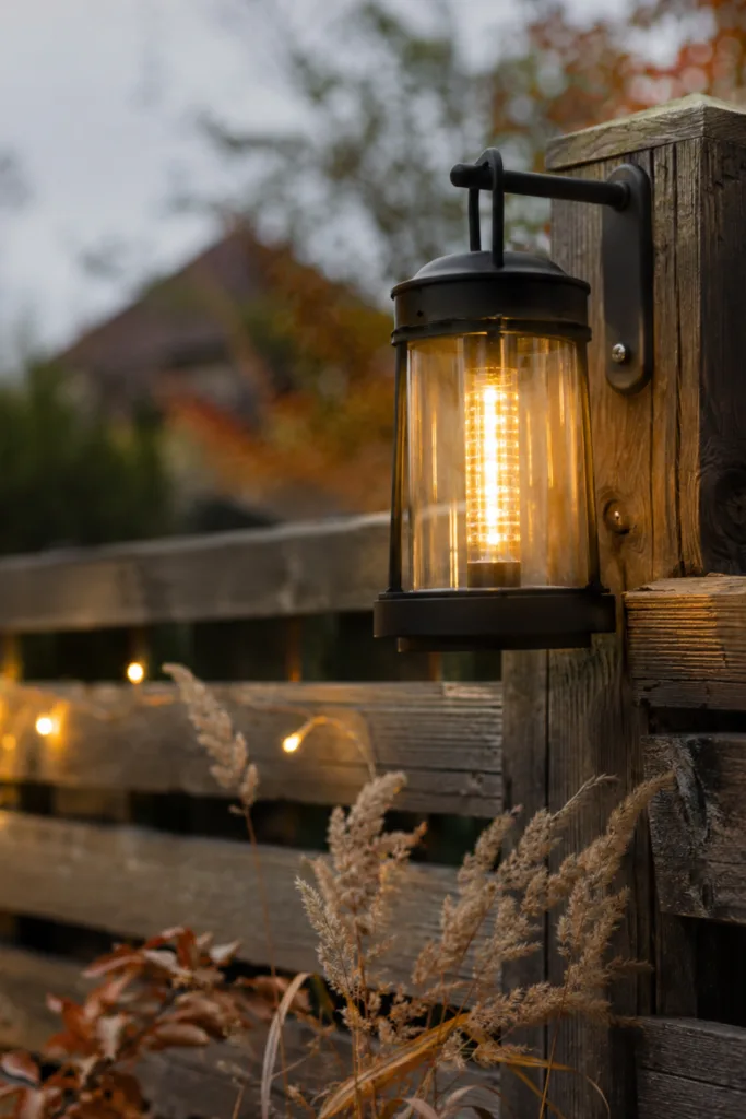 Herbstdeko für den Gartenzaun mit warmer Laterne, Lichterkette und Ziergras an einem rustikalen Holzzaun.