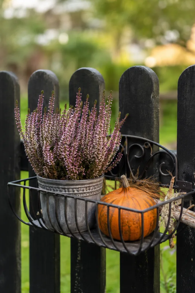 Herbstdeko für den Gartenzaun mit Zaunkorb, Heide im Topf und kleinem Kürbis an schwarzem Holzzaun.