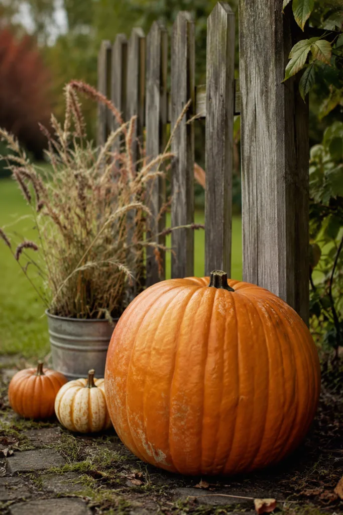 Herbstdeko für den Gartenzaun mit großem Kürbis, Ziergräsern und kleinen Zierkürbissen am Holzzaun.