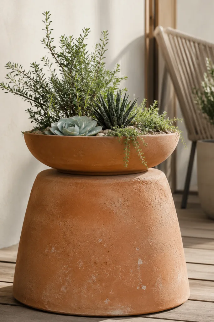 Terrassendeko mit Tontöpfen – 5 einfache Ideen mit besonderer Wirkung Terrassendeko mit Tontöpfen: Umgedrehter Tontopf als Sockel für eine bepflanzte Tonschale.