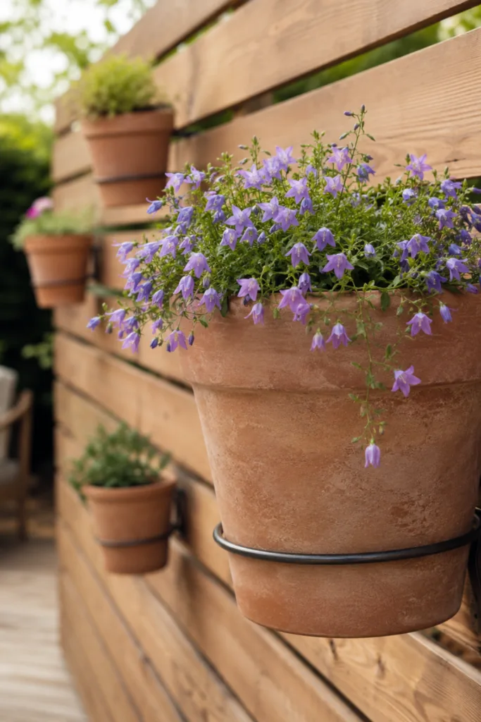 Terrassendeko mit Tontöpfen – 5 einfache Ideen mit besonderer Wirkung Terrassendeko mit Tontöpfen: Bepflanzte Tontöpfe hängen an einem Holzsichtschutz auf der Terrasse.