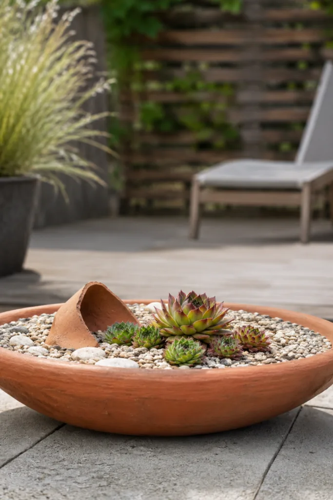 Terrassendeko mit Tontöpfen – 5 einfache Ideen mit besonderer Wirkung Terrassendeko mit Tontöpfen: Flache Tonschale mit Hauswurz, Kies und Tontopfscherbe auf der Terrasse.