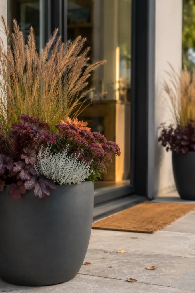 Herbstdeko für die Terrassentür mit großem Pflanzkübel, Ziergras und herbstlichen Blättern neben Glastür.