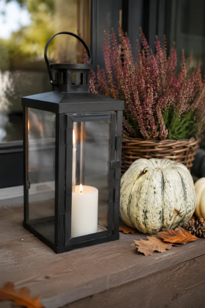 Herbstdeko für die Terrassentür mit Laterne, Heide und hellen Kürbissen.