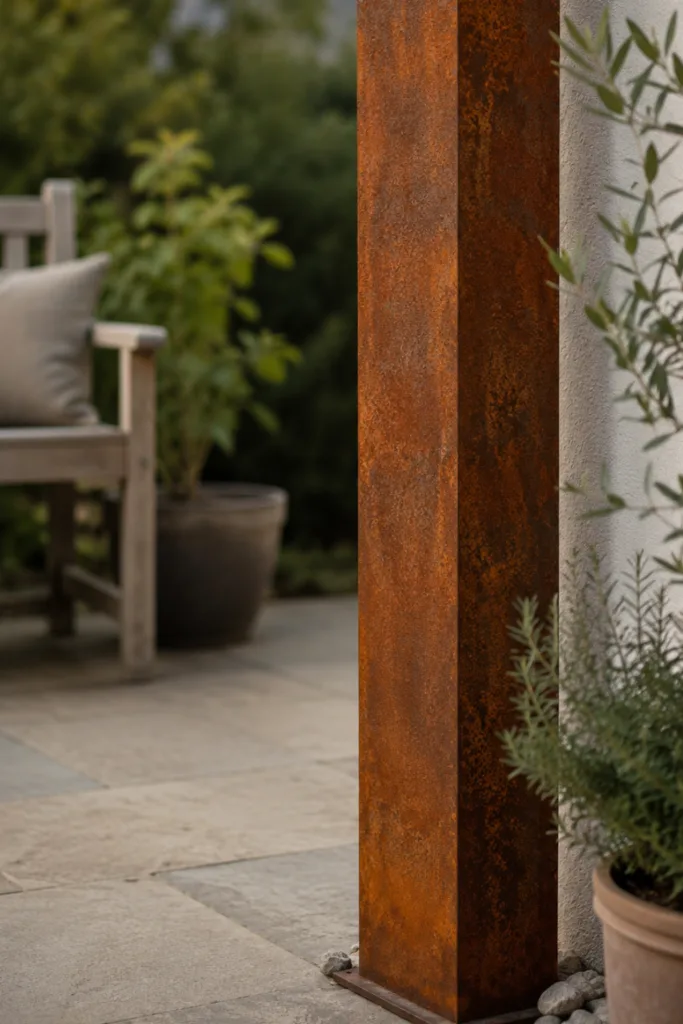 Diese 5 Rostdeko-Ideen machen deine Terrasse wärmer und wohnlicher Terrassendeko mit Rost: Hohe Roststele als ruhiger Blickfang auf einer modernen Terrasse.