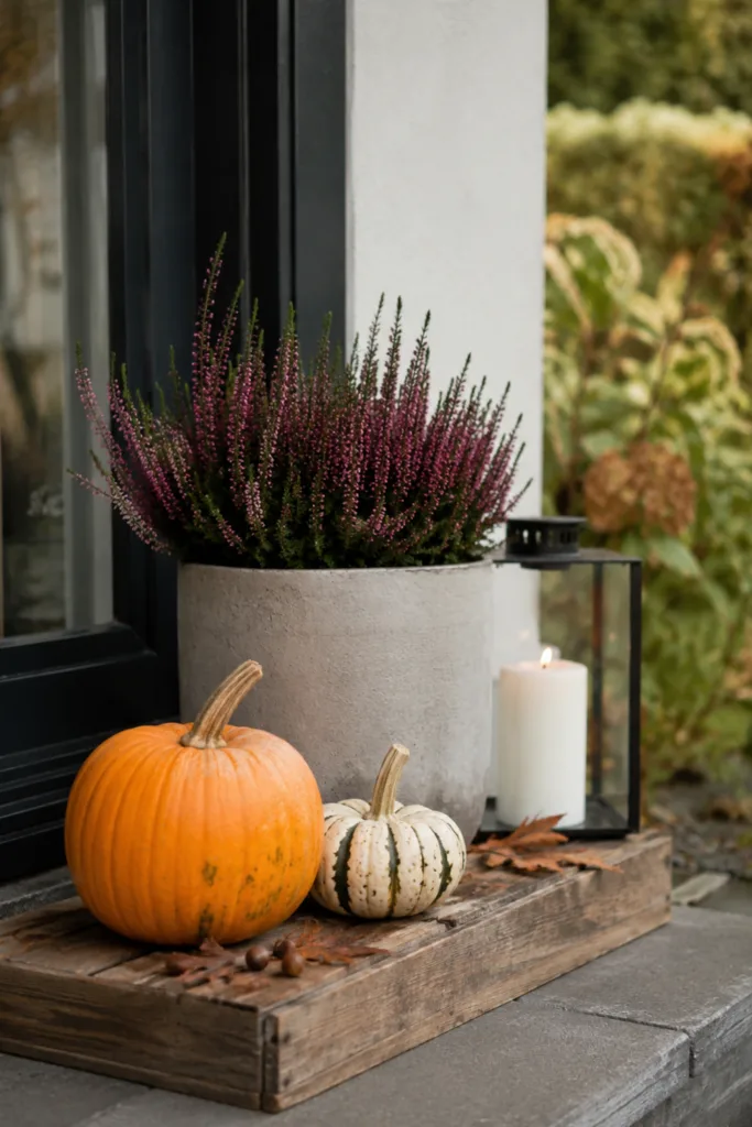 Herbstdeko für die Terrassentür mit Holzbrett, Heide, Kürbissen und Laterne.