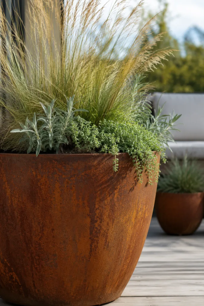 Diese 5 Rostdeko-Ideen machen deine Terrasse wärmer und wohnlicher Terrassendeko mit Rost: Großes Rostgefäß mit Ziergräsern, Salbei und überhängenden Pflanzen auf einer Terrasse.