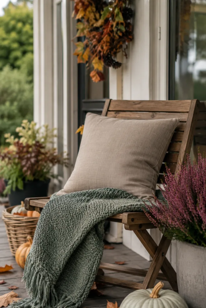 Herbstdeko für die Terrassentür mit Holzstuhl, Kissen, Decke, Heide und Kürbissen.