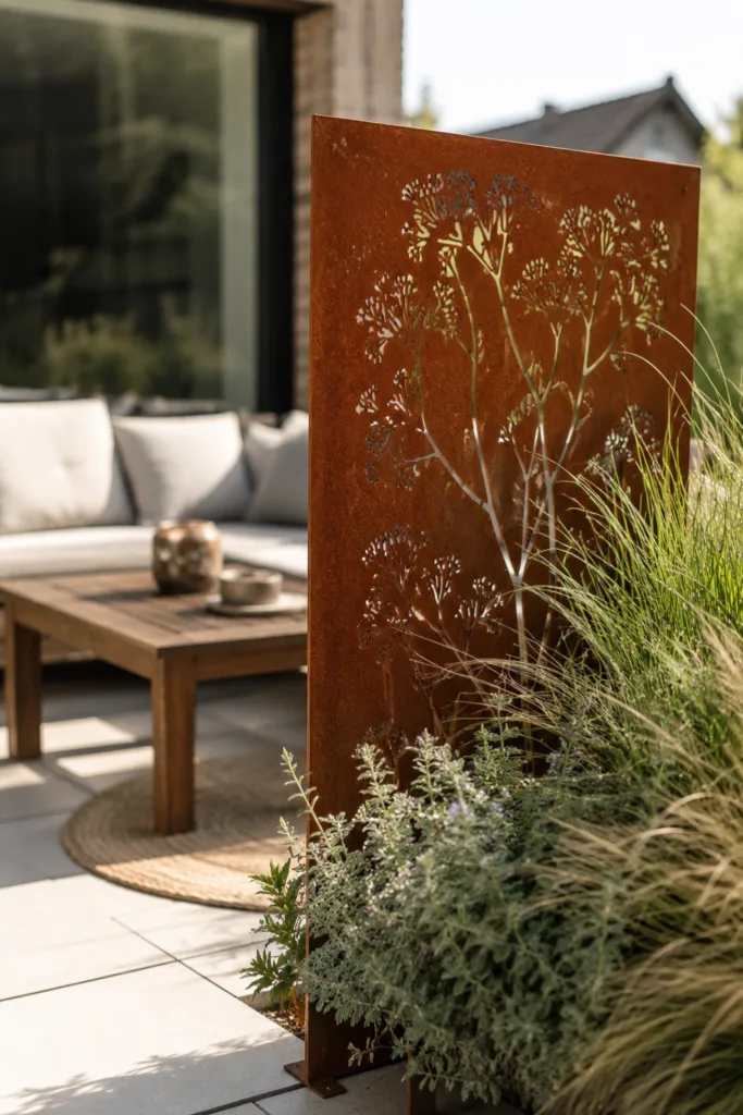 Diese 5 Rostdeko-Ideen machen deine Terrasse wärmer und wohnlicher Terrassendeko mit Rost: Rostpaneel als Sichtschutz zwischen Sitzplatz, Gräsern und moderner Hauswand.