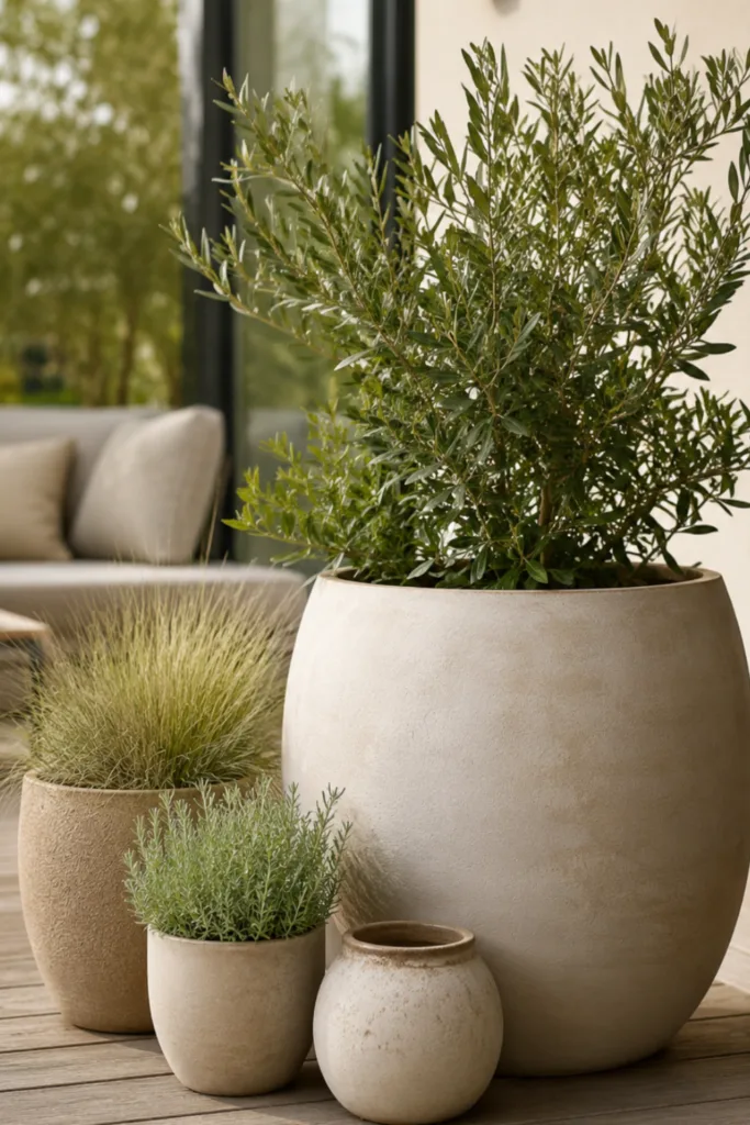 Diese 5 Keramik-Ideen lassen deine Terrasse hochwertiger wirken Terrassendeko mit Keramik: cremefarbene Pflanzgefäße mit Olivenbaum, Gras und Kräutern.