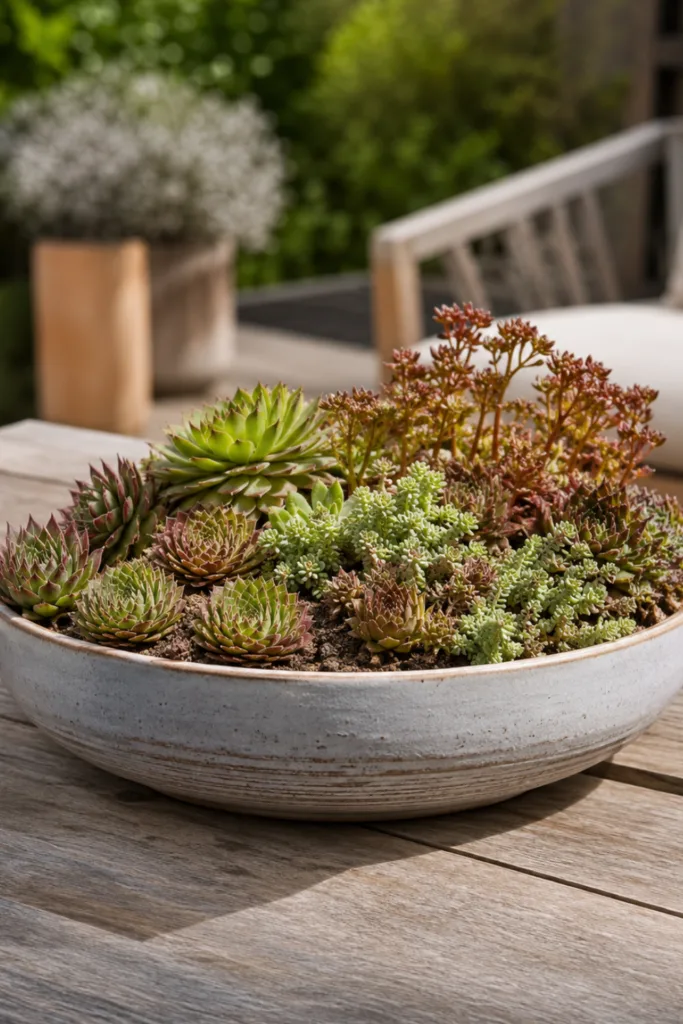 Diese 5 Keramik-Ideen lassen deine Terrasse hochwertiger wirken Terrassendeko mit Keramik: flache Keramikschale mit Sukkulenten auf einem Holztisch.