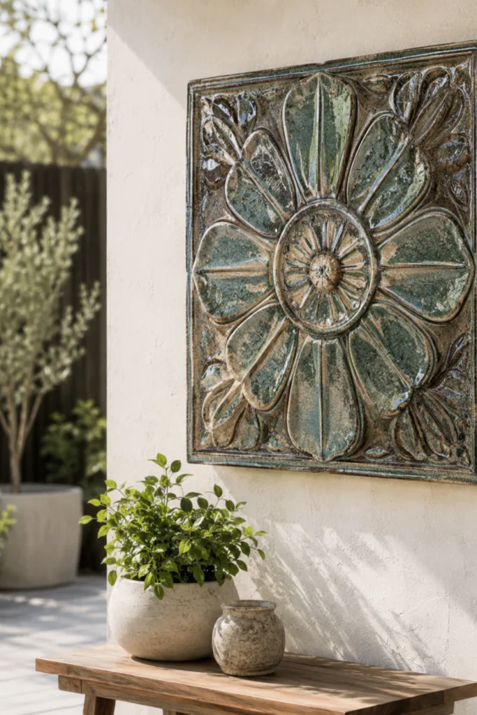 Diese 5 Keramik-Ideen lassen deine Terrasse hochwertiger wirken Terrassendeko mit Keramik: dekorative Keramikfliese an heller Terrassenwand mit Pflanzgefäß aus Keramik.