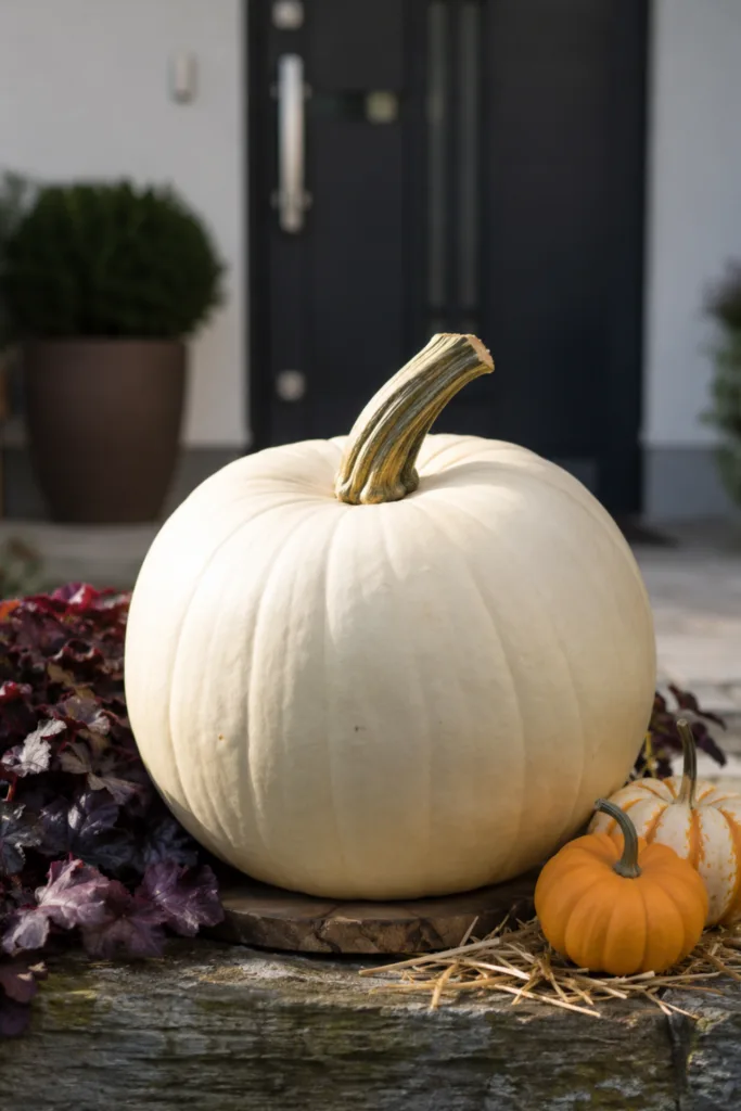 Herbstdeko für den Vorgarten mit großem hellem Kürbis, kleinen Kürbissen und dunklem Laub.