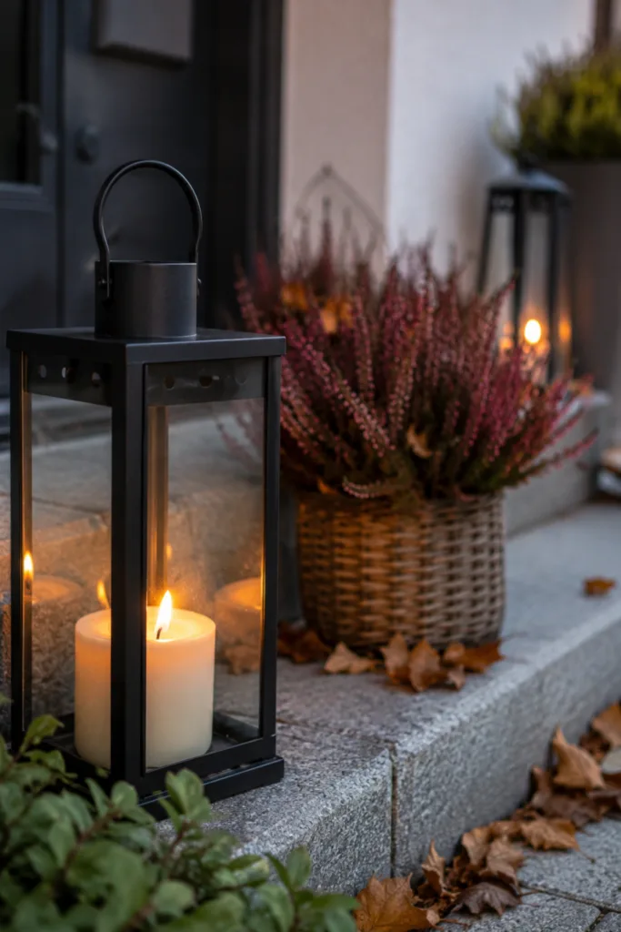 Herbstdeko für den Vorgarten mit Laternen, Heide und warmem Licht am Hauseingang.
