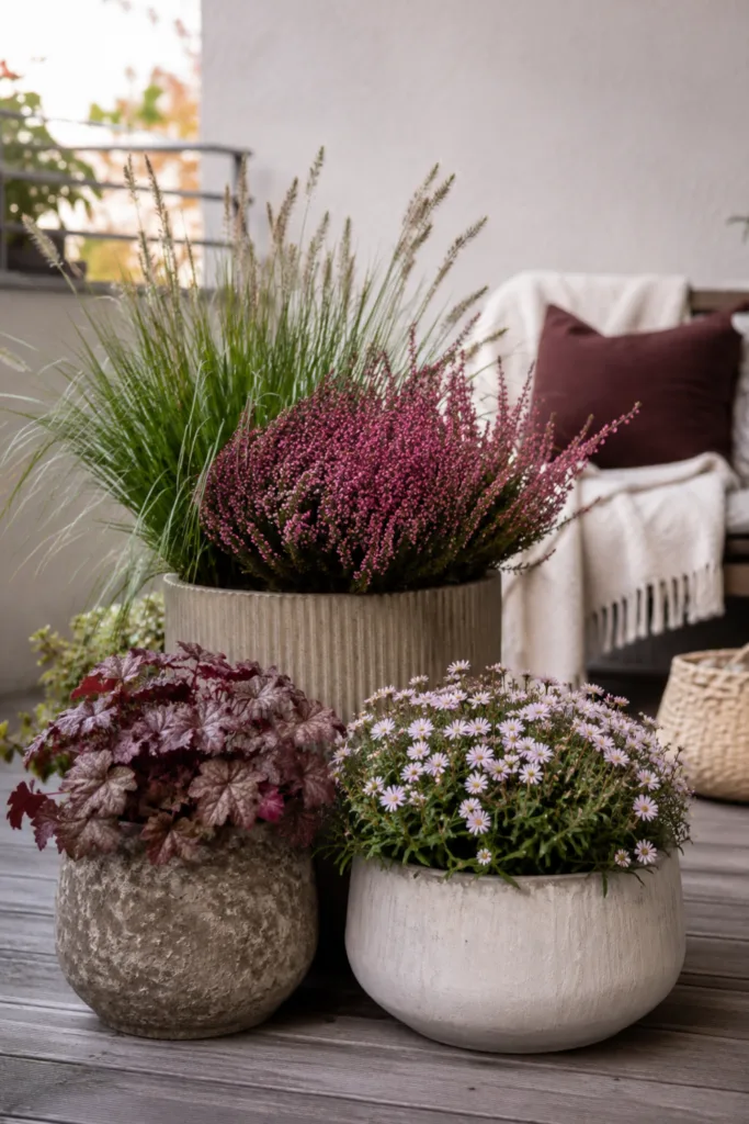 Herbstdeko für den Balkon mit Heide, Ziergras und Purpurglöckchen in unterschiedlich hohen Pflanzgefäßen.