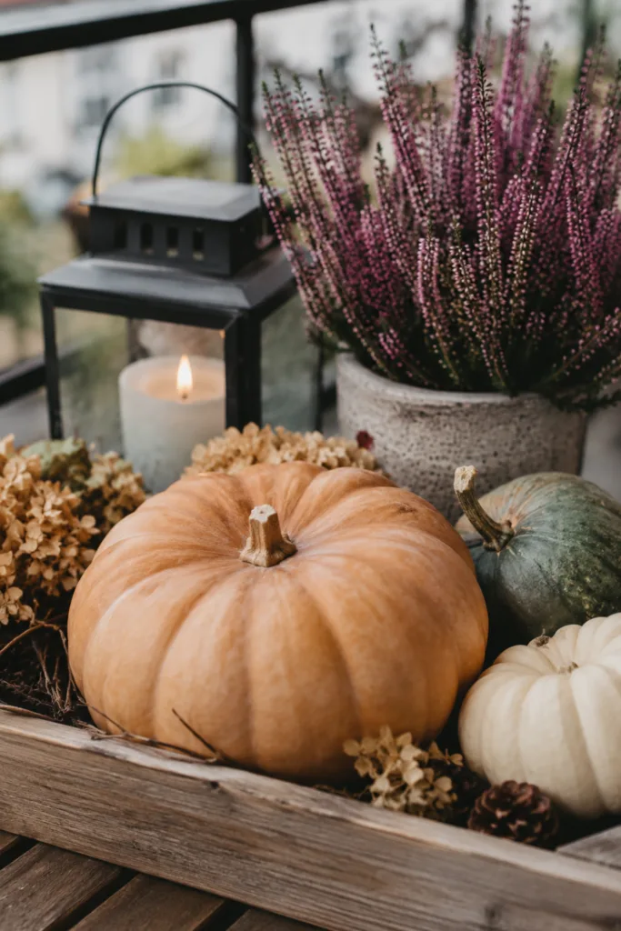 Herbstdeko für den Balkon mit Kürbissen, Heide, Laterne und natürlichen Materialien.