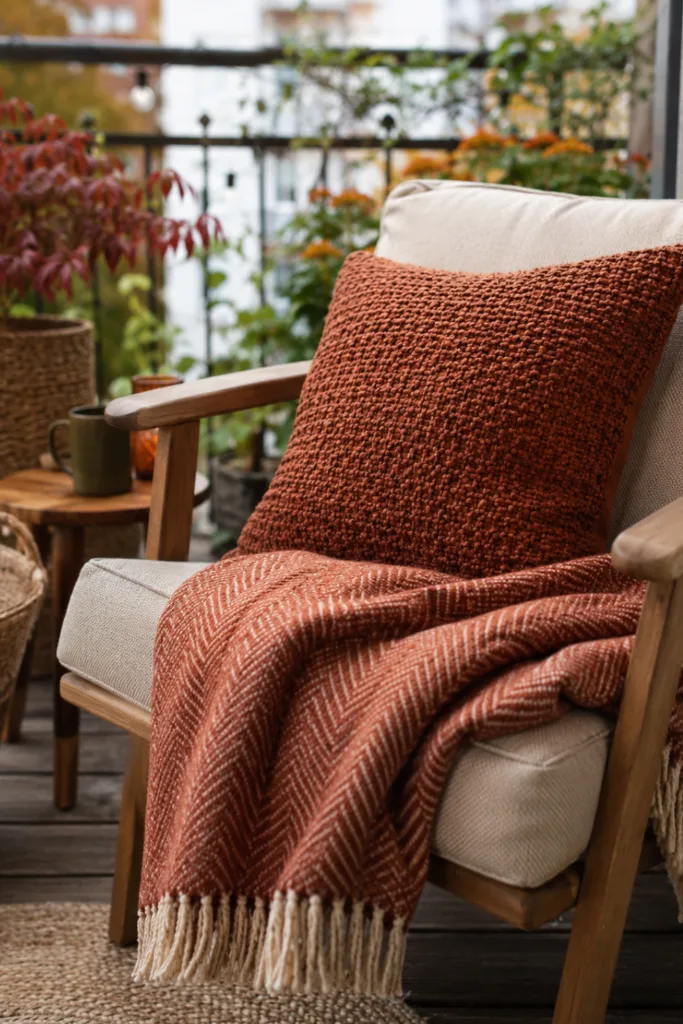 Herbstdeko für den Balkon mit Kissen, Decke und gemütlicher Sitzecke.