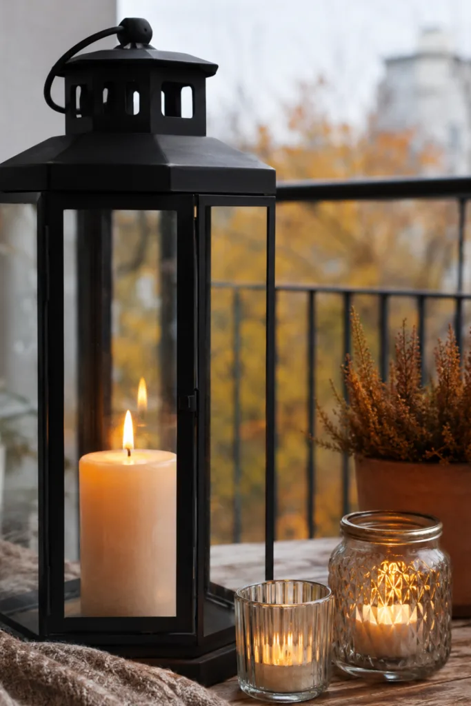 Herbstdeko für den Balkon mit schwarzer Laterne, Kerzenlicht und Heide.