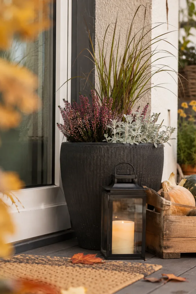 Herbstdeko für den Balkon mit Heide, Ziergras, Laterne und Kürbissen an der Balkontür.