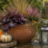Wetterfeste Herbstdeko im Garten mit Kürbissen, Terrakottatopf und Laterne bei Regen und Wind.
