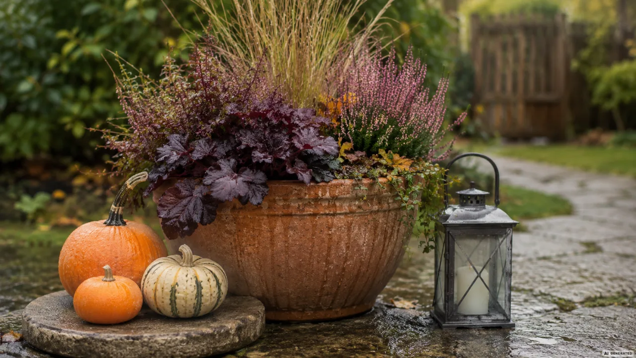 Wetterfeste Herbstdeko im Garten mit Kürbissen, Terrakottatopf und Laterne bei Regen und Wind.