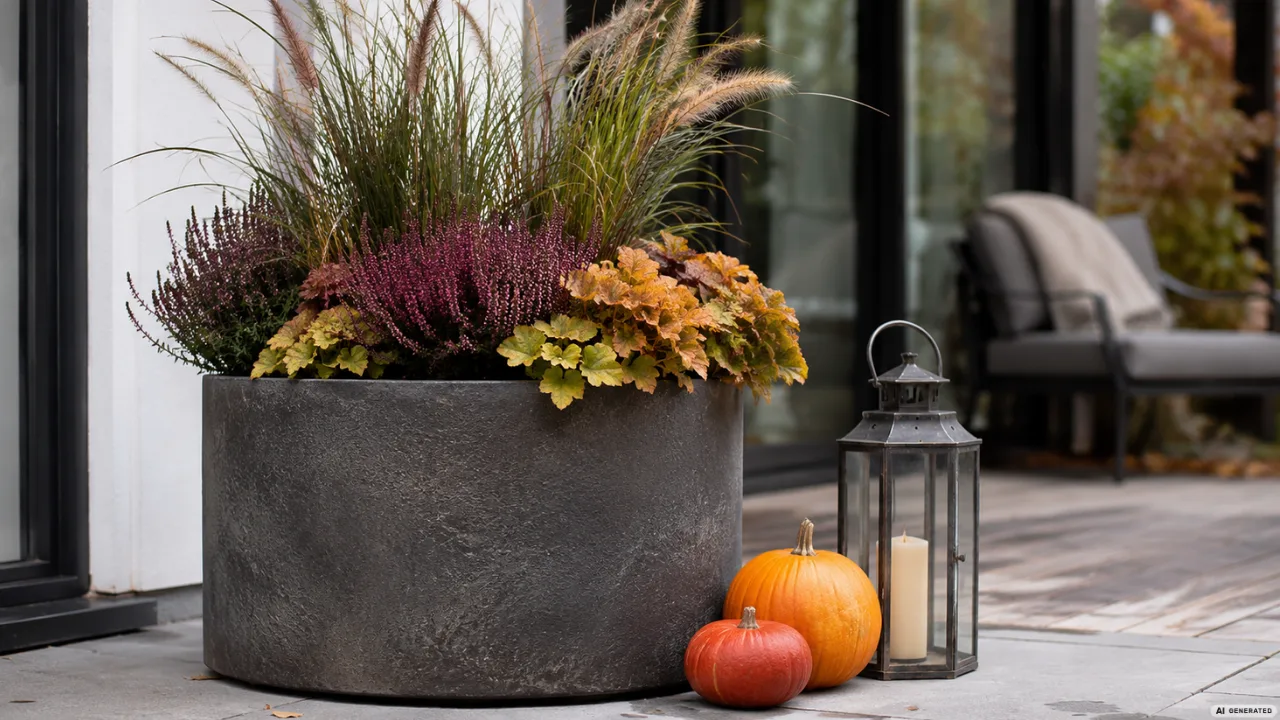 Wetterfeste Herbstdeko für die Terrasse mit großem Pflanzkübel, Kürbissen und Laterne.