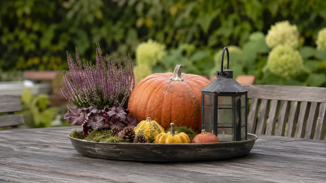 Herbstdeko für den Gartentisch mit Kürbis, Heide, Laterne und Naturmaterialien auf einem Holztablett.